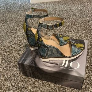 Blue/green/white wedge sandals new with box
